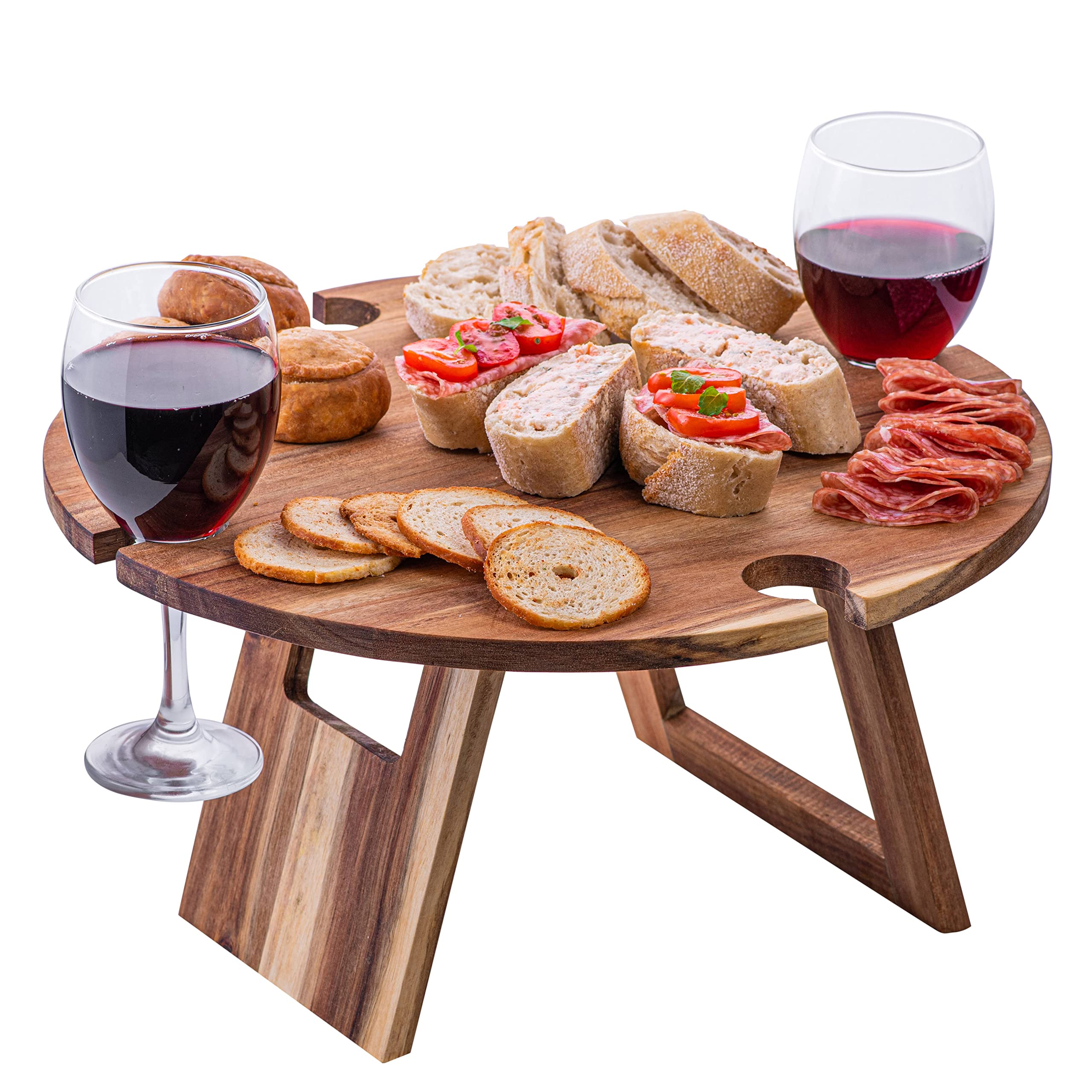 bar@drinkstuff Collapsible Wooden Picnic Table with Wine Glass Holders, Foldable Portable Picnic Table for Outdoor Dining, Garden, Beach, Camping & BBQ