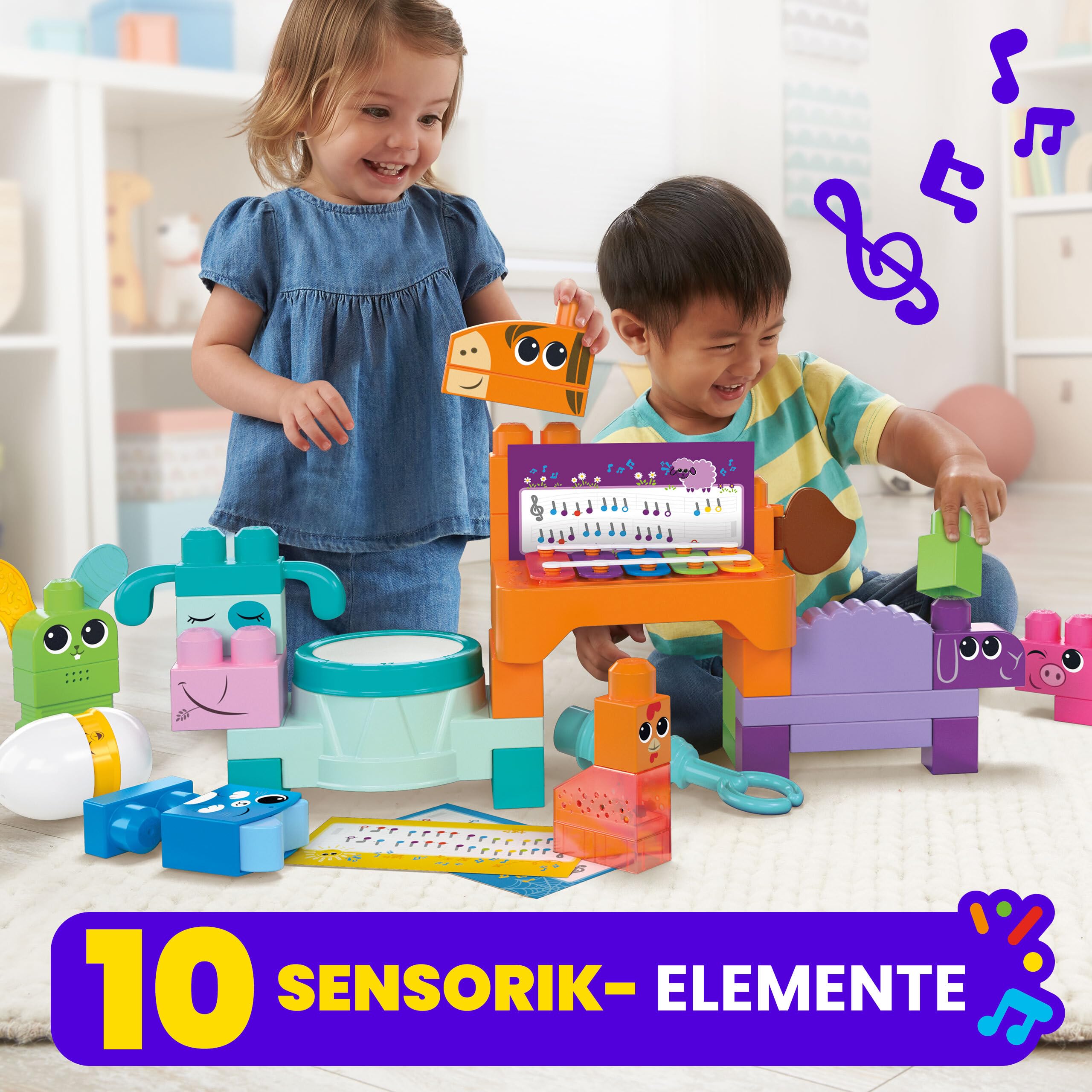 MEGA Blocks Fisher-Price sensorisches Bauspielzeugset, Musikspaß Bauernhoftiere mit 45 Bauklötzen für Kleinkinder und 6 Notenblättern, Geschenkideen für Kinder ab 1 Jahr, HPB46 3