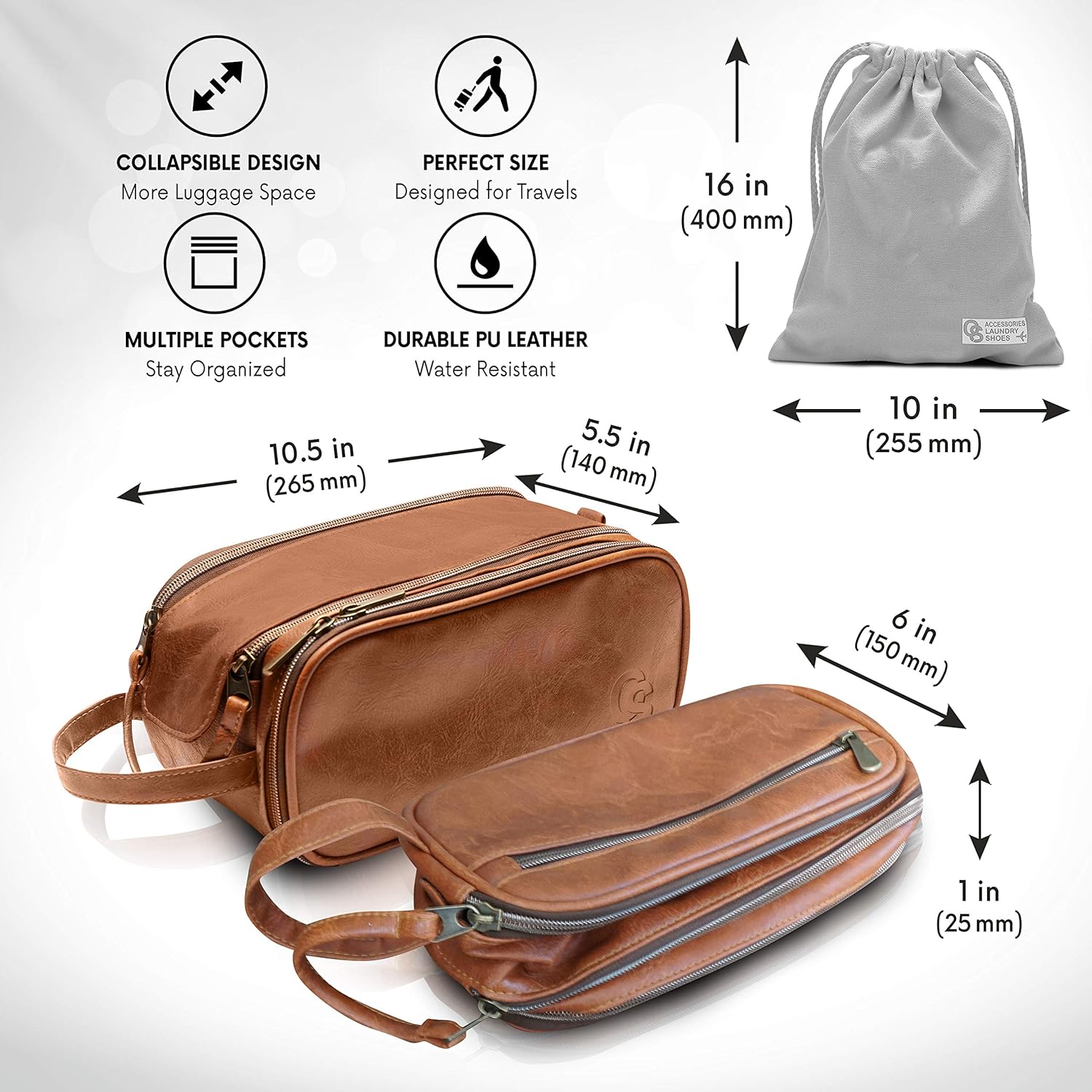 Toiletry Bag for Men or Women - Dopp Kit For Travel. Large Cosmetic and Shaving Bag. Toiletries Organizer PU Leather Bags (Standard, Brown) : Beauty