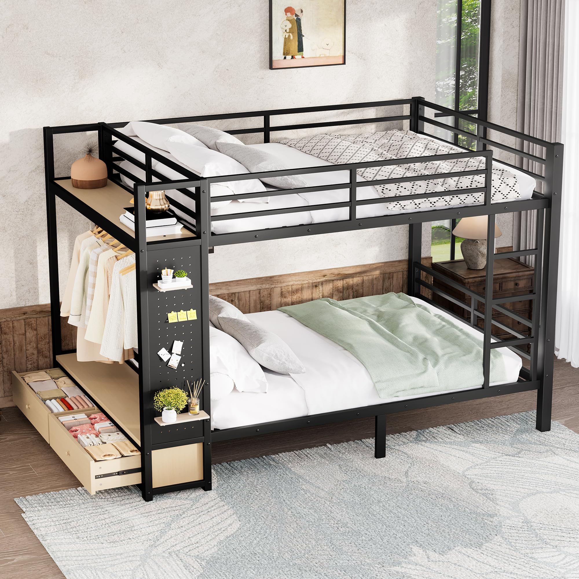 Photo 1 of MISSING MULTIPLE PIECES------------------------------Bellemave Queen Over Queen Metal Bunk Bed with Storage Drawers and Shelves, Heavy Duty Bunk Beds with Pegboard and Coat Rack for Kids, Adults,Black