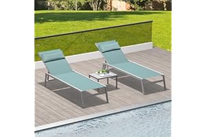 DOMI OUTDOOR LIVING Domi Patio Chaise Lounge Set of 3,Aluminum Adjustable Pool Lounge Chairs with Side Table,Sunbathing Lounger for Deck Lawn Patio Backyard,Textilene - Turquoise Blue