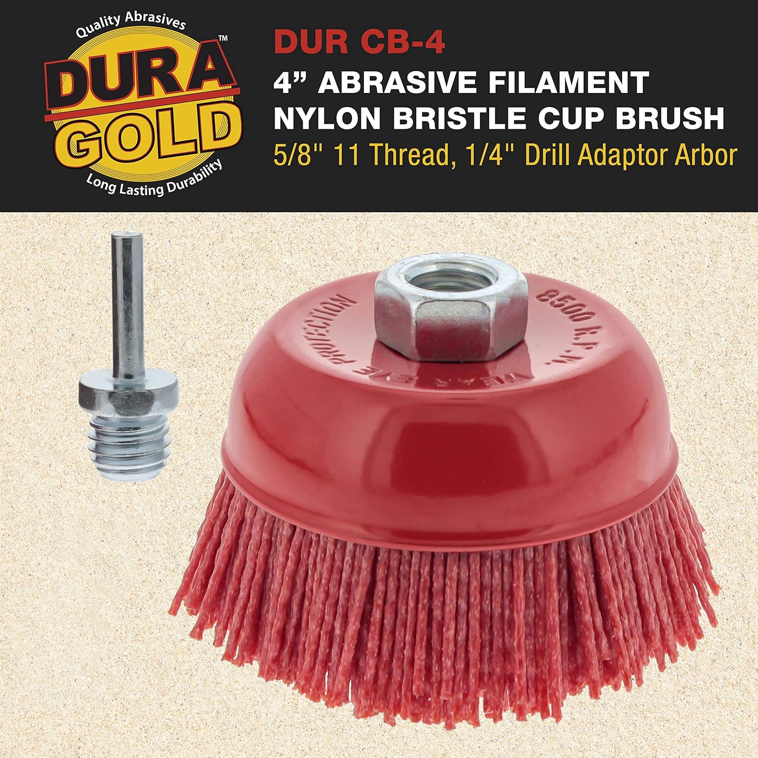Dura-Gold 4" Abrasive Filament Nylon Bristle Cup Brush - Coarse Sanding Scuffing Brush, 5/8" 11 Thread, 1/4" Drill Arbor - Remove Rust, Corrosion, Paint - Surface Prepping for Truck Bed Liner Coatings: Industrial & Scientific