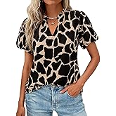 MASCOMODA Boho Short Sleeve Floral Work Blouses for Women Dressy Casual V Neck Puff Sleeve Loose Chiffon Flowy Tops Shirts