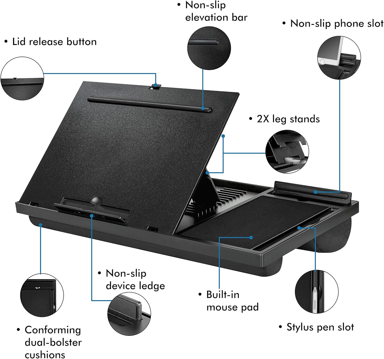 LapGear Ergo Pro Laptop Stand - Lap Desk with 20 Adjustable Angles, Mouse Pad, and Phone Holder - Black - Fits Up to 15.6 Inch Laptops and Most Tablets - Style No. 49408 : Office Products
