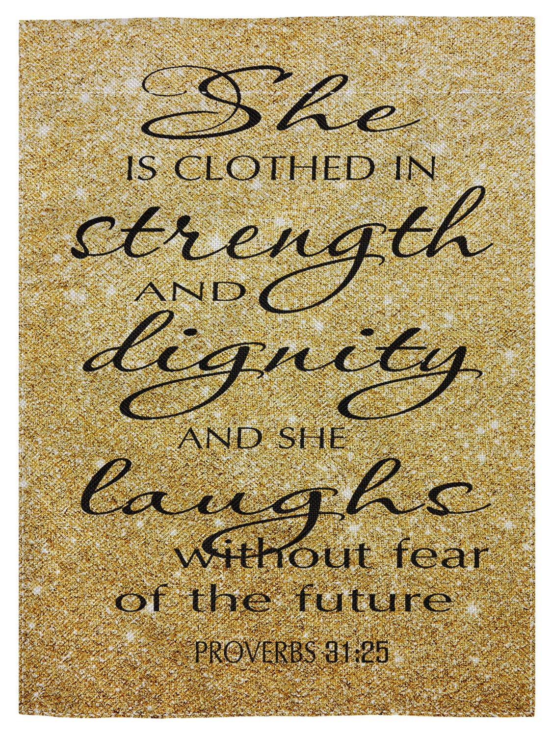 pingpi Proverbs 31:25 Bible Verse Garden Flag Gold Sparkles Glitter Patter Double Sided Spring Summer Yard Outdoor Decorative 12.5"x18"