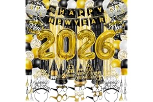 TURNMEON 81 Pcs New Years Eve Party Supplies Happy New Year Decorations Kit Serves 12 Includes 36" Large 2026 Foil Ballons, Black Gold Curtains Banner Hats Headbands Glasses Noisemaker Balloons Party Favor