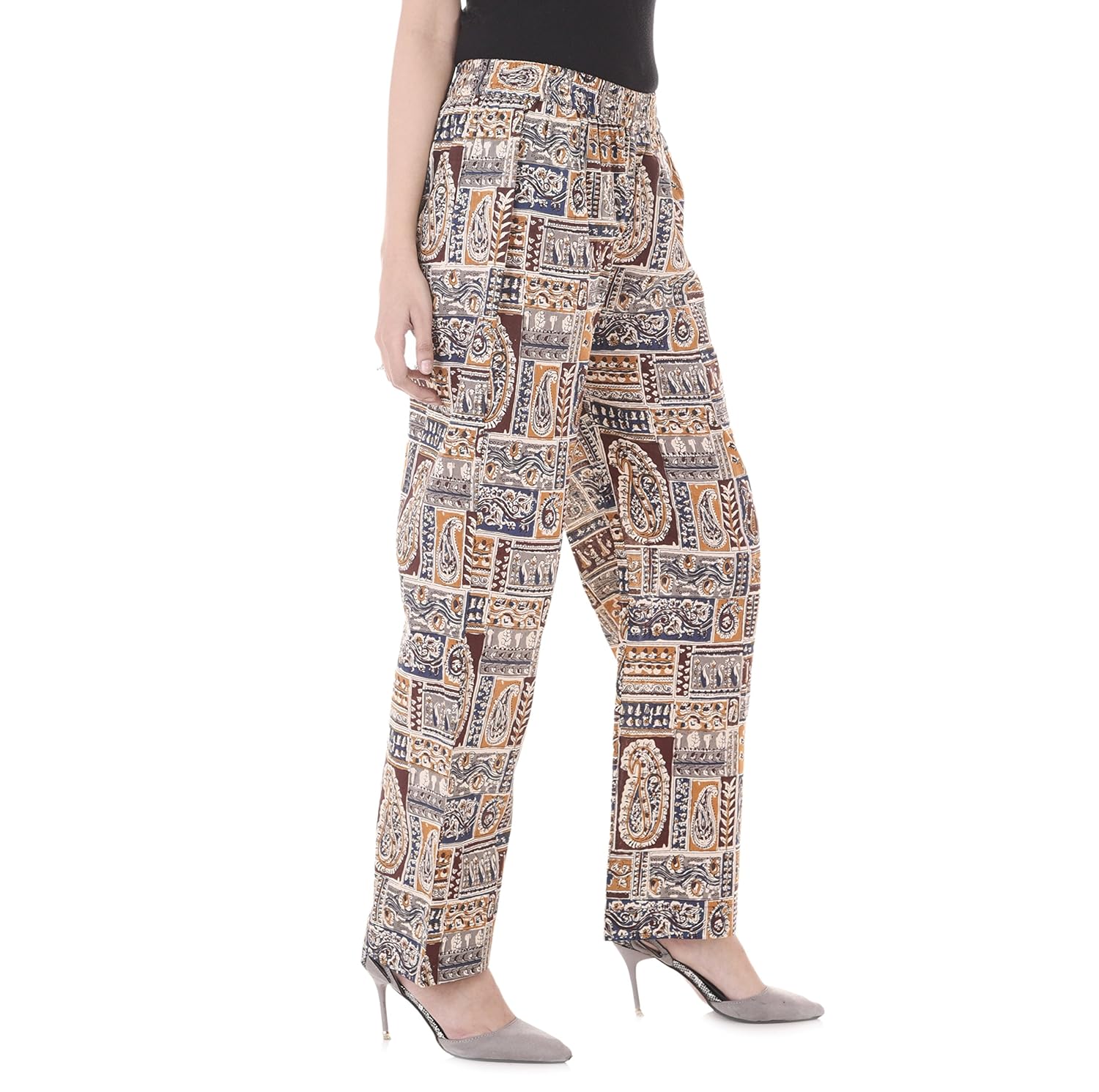 palakh women's cotton printed straight palazzo trouser (dark brown)