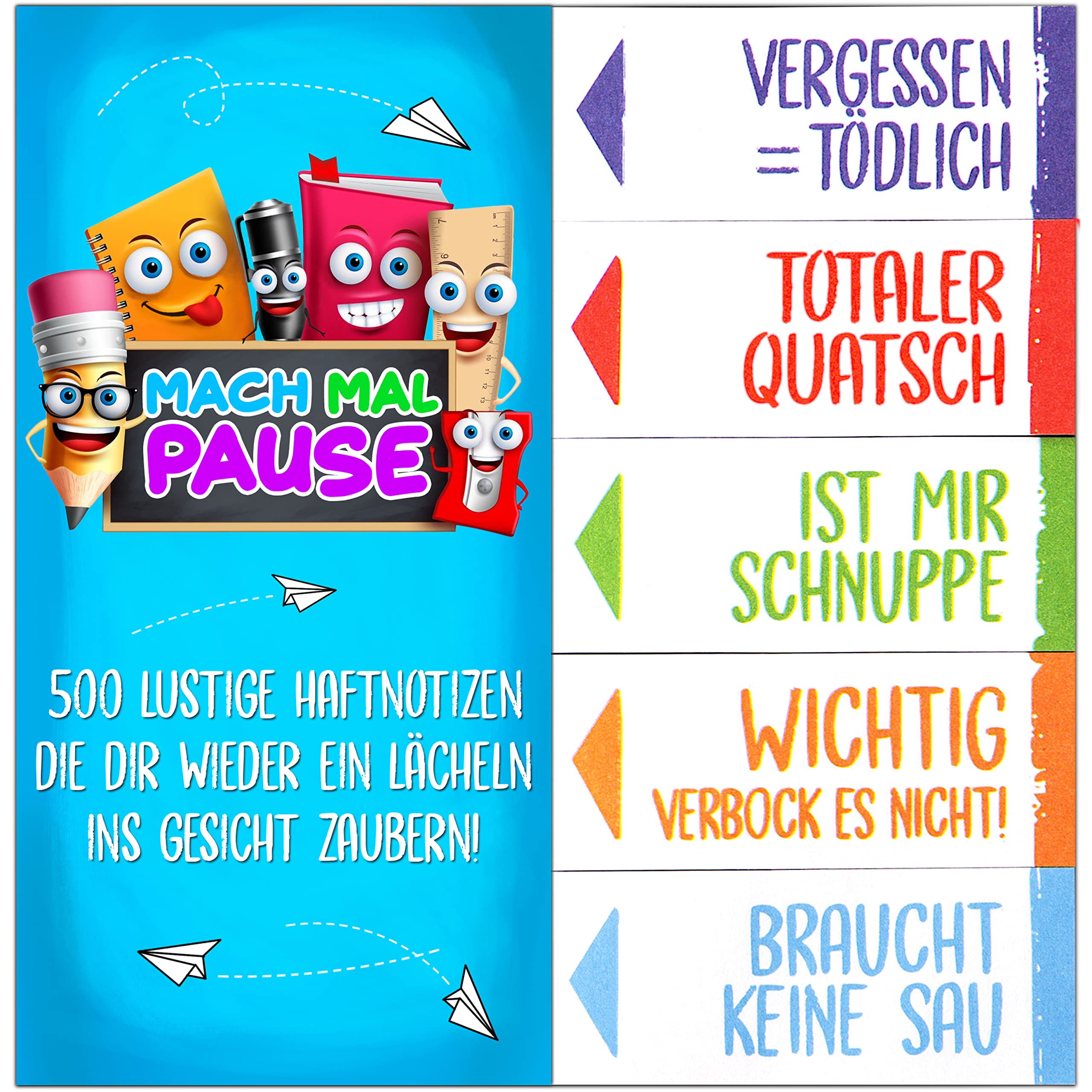 MACH MAL PAUSE® 500 x Funny Sticky Notes – The Colourful Sticky Notes (10 x 50 Sheets) are the Gift for Students, Colleagues and Students – the Sticky Notes for Learning and Marking for School