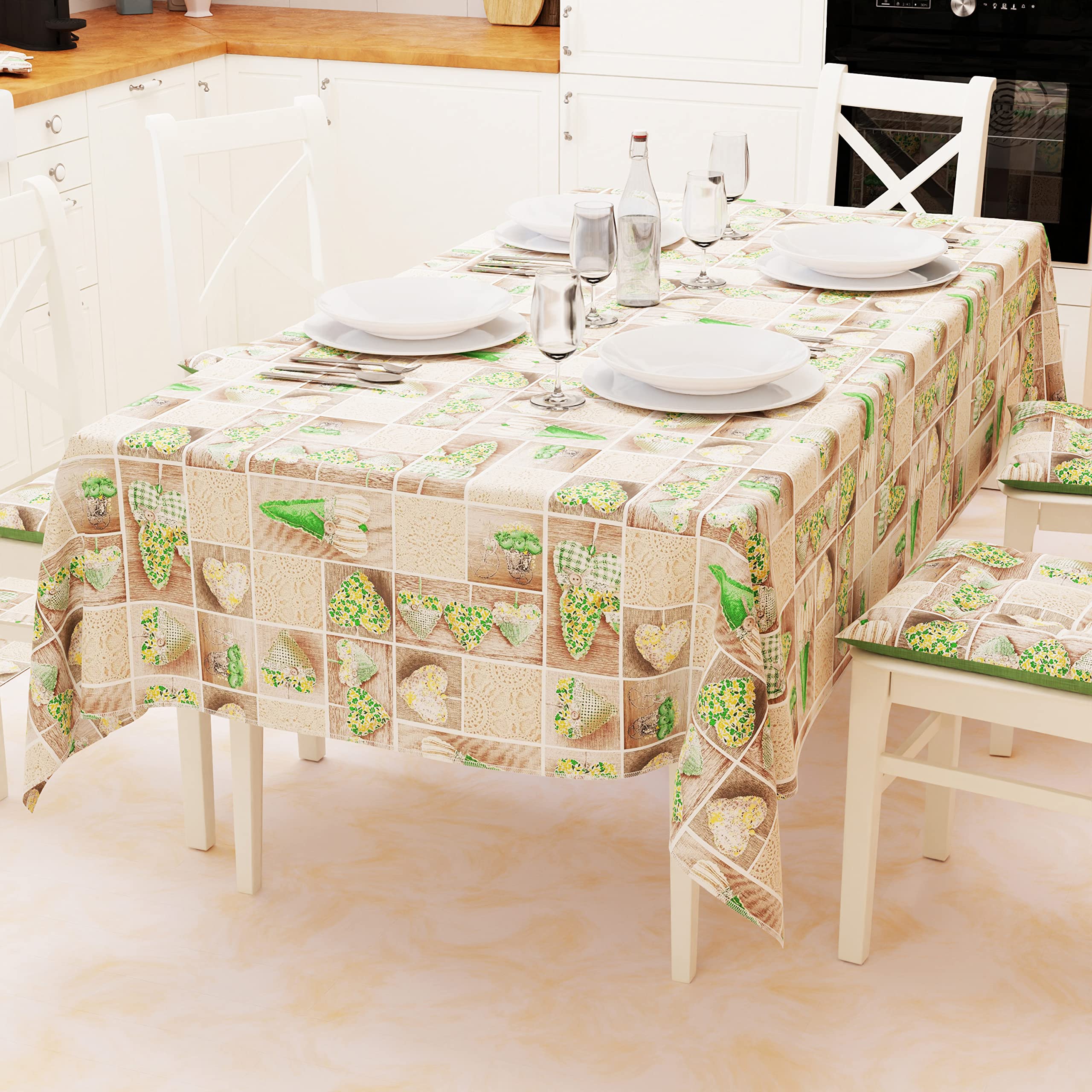 PETTI Artigiani Italiani - Table Cloth, Table Cloth, Kitchen Tablecloth in Cotton Design Lidia Green X18 Seats (140 x 360 cm) 100% Made in Italy