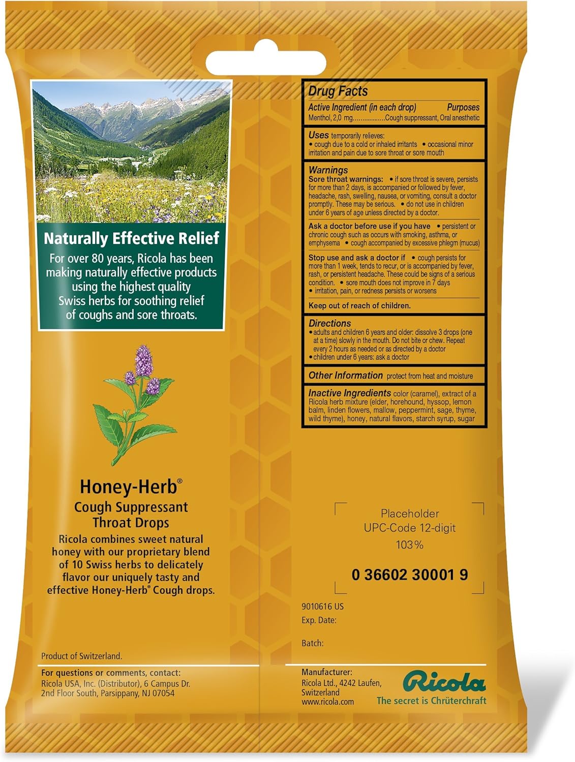 Ricola Natural Herb Cough Suppressant & Throat Drops, Honey Herb, 24 Drops, 1 Count: Health & Personal Care