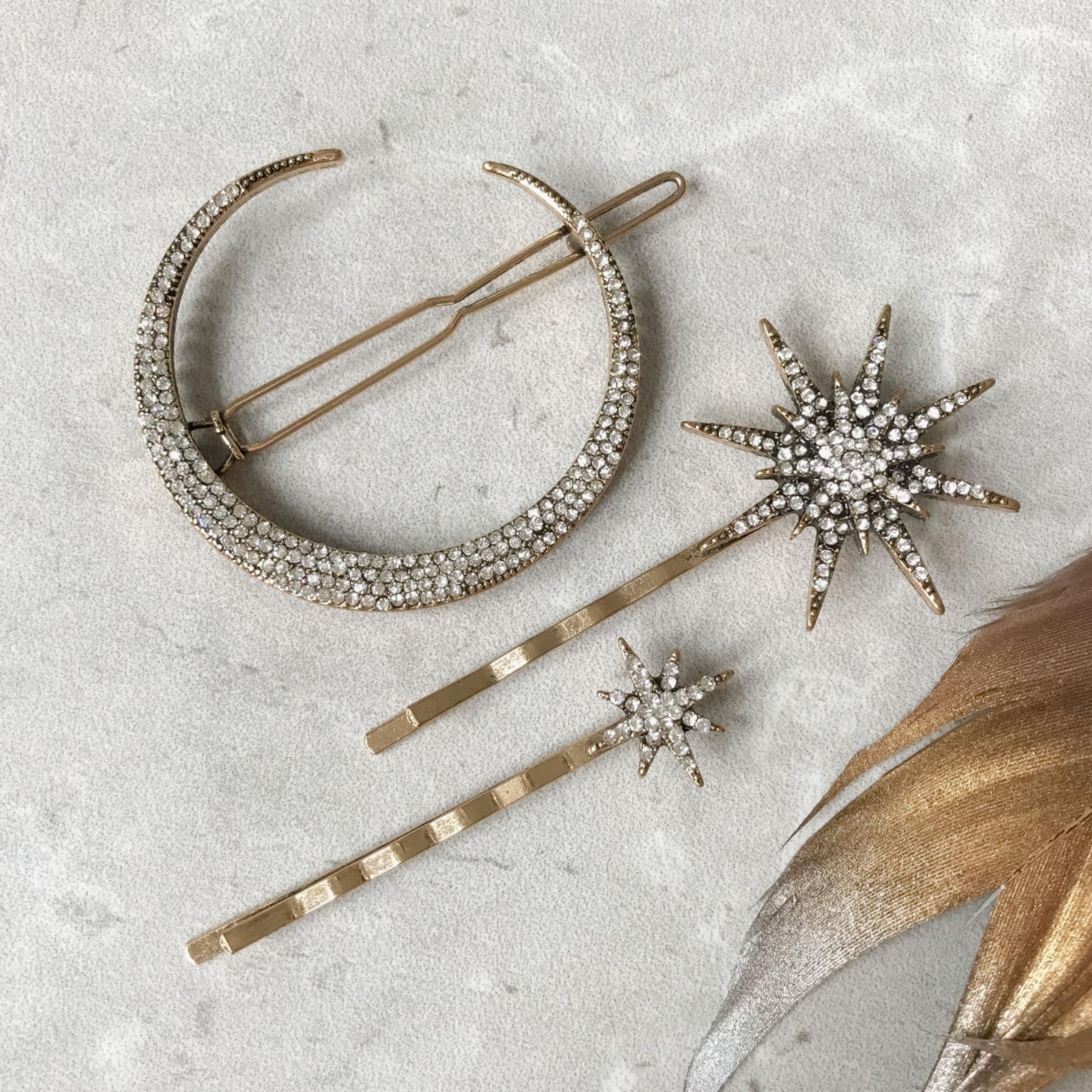 3PCs Beautiful Rhinestone Solar System Hair Pins for all hair styles | Moon and Stars Sparkly Hair Accessories | Bling Diamond Effect | Crystal Hair Clips Multipack | Hair Decorations | Hair Styling