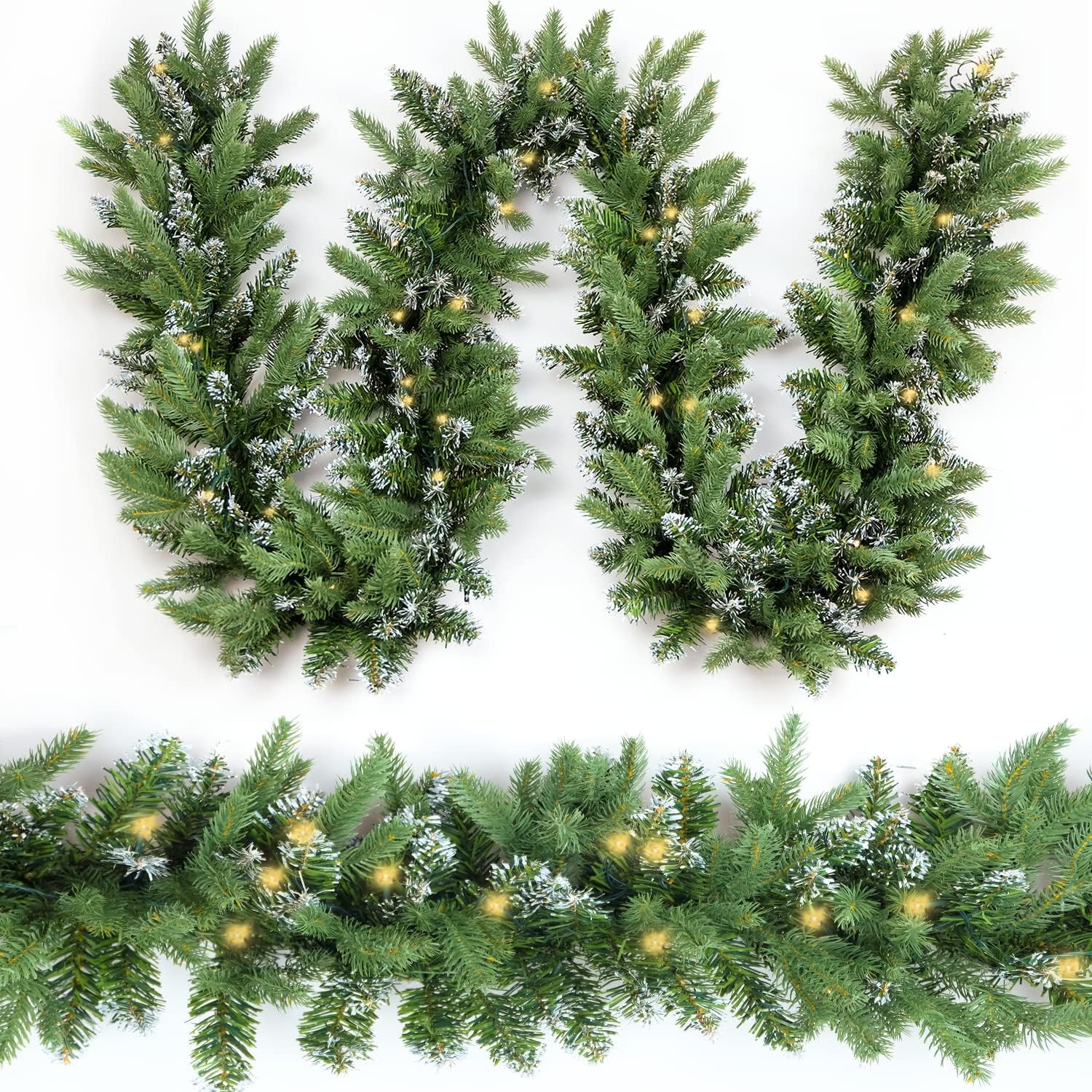 Wreaths, Garlands & Swags - HomeKaren Christmas Garland 9 Ft by 12 Inch Prelit Snow Xmas Garland with 50 LED Lights 550 Tips, Real Like Lush and Classics Green Style for Indoor Outdoor Home Decoration