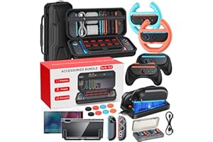 YUANHOT Switch 2 Accessories Bundle, 20 in 1 Game Kits, Hard Shell Carrying Case, Switch 2 Controller Charger, Screen Protector,Grips for Joy Con,Steering Wheels for Mario Kart, Clear Protective Cover Case（Gift Pack） (Black, Switch 2 7.9 Inch)