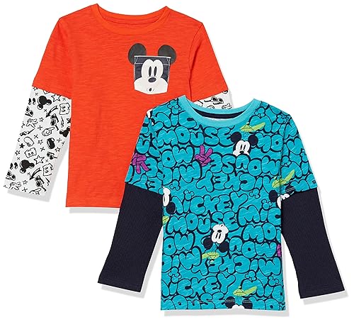 Amazon Essentials Disney | Marvel | Star Wars Toddler Boys' Long-Sleeve 2-in-1 T-Shirts, Pack of 2, Mickey, 4T