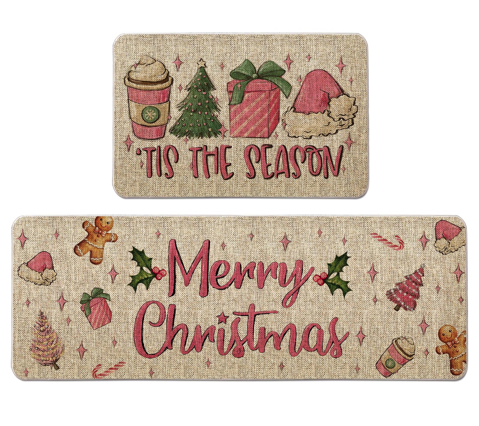 Tian Zhun Christmas Kitchen Mat Pink Christmas Kitchen Rug Set of 2 Xmas Holiday Floor Mat Farmhouse Home Kitchen Bathroom Decorations - 17x27 and 17x47 Inch