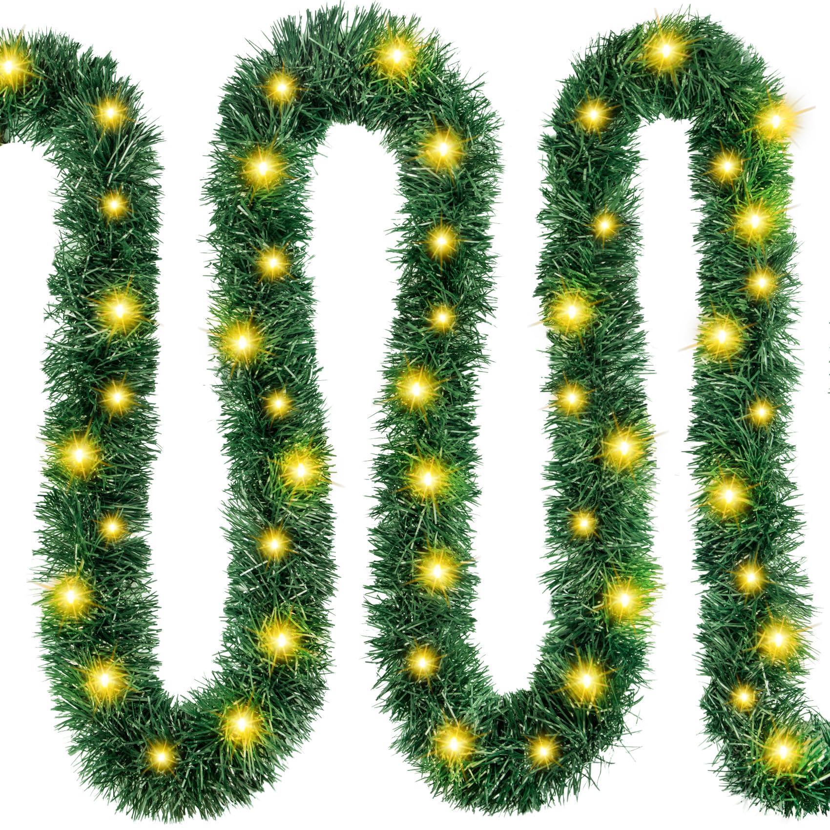 Photo 1 of ***(HEAVILY USED/ MINOR DAMAGE)***39.4ft Pre- Christmas Garland with Lights, 150 Warm Artificial Lighted Tinsel Pine Garlands for Decoration Christmas Xmas Winter Garland for Mantle Door Stairs Party Indoor Outdoor Home Decor