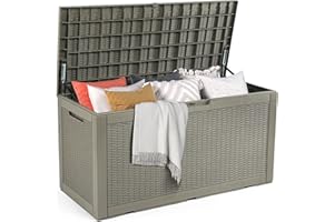 DWVO 100 Gallon Outdoor Storage Box, Lockable Water Resistant Deck Box for Patio, Essentials, Tools, Supplies - Light Brown