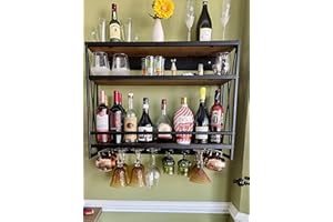 Wall Wine Stemware Glass Rack, 31.5in Wall Mounted Wine Racks with 8 Stem Glass Holders Industrial, 3-Tier Wood Shelf, for Wi