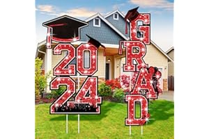 Memorywuu 7 Pcs Graduation Yard Signs Class of 2024 Graduation Decoration Waterproof 2024 Grad Lawn Yard Sign Glitter Congratulations Yard Signs with Stakes for School Party Outdoor Decor(Red)