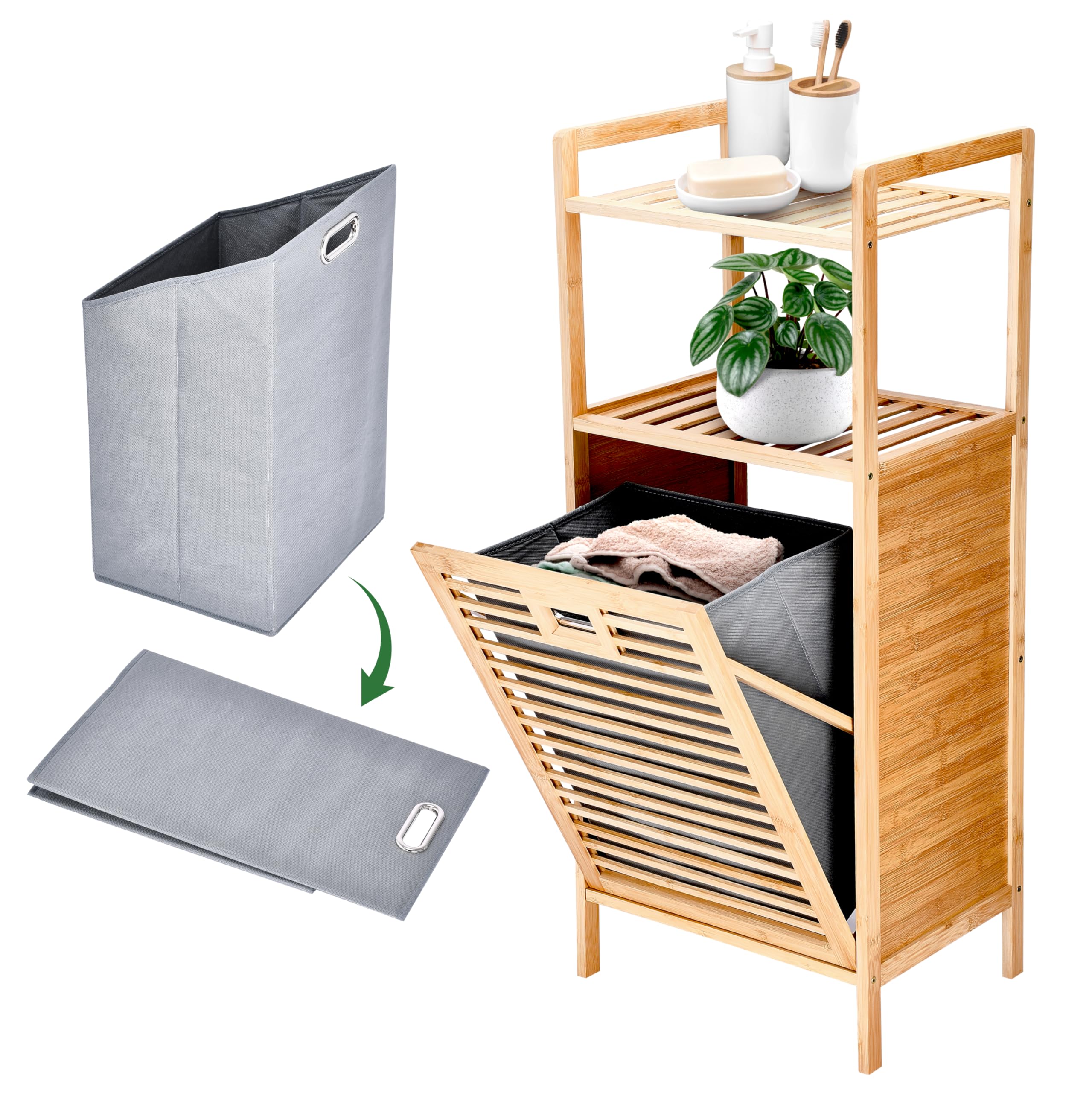 Photo 1 of Prosumer’s Choice Bamboo Tilt-Out Laundry Hamper with 2-Tier Storage Shelves – Freestanding Clothes Hamper with Removable Liner, Space-Saving Design for Bathroom or Bedroom – 15.5”L x 11.8”W x 37.4”H