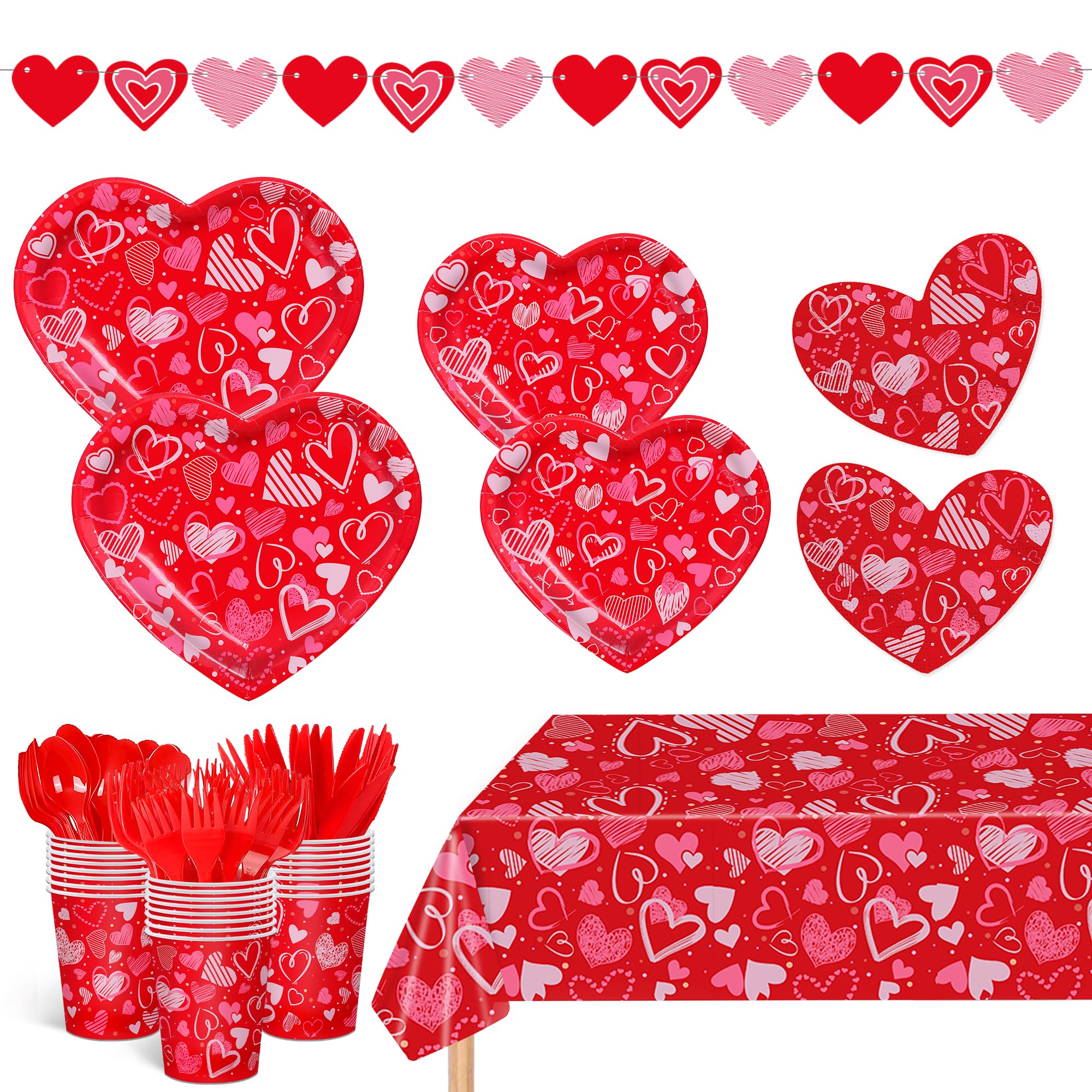 Photo 1 of 170pcs Valentine’s Day Party Supplies Red Heart Shaped Paper Plates Napkins Girls Valentine’s Day Tablecloth Heart Banner for Lovely Valentine's Day Engagements Weddings Anniversary Serves 24 Guests