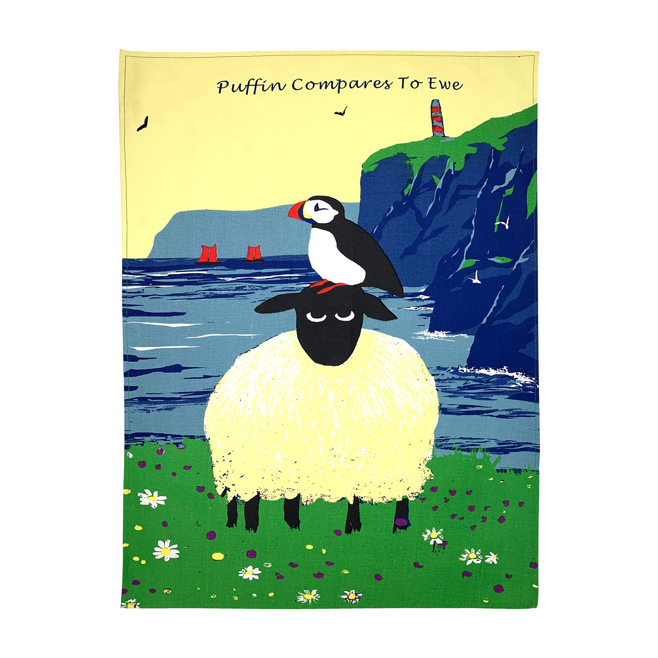 Thomas Joseph Puffin Compares To Ewe Kitchen Tea Towel Dish Cloth by Artist