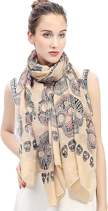 Lina & Lily Bufanda Mujer con Estampado de Cráneo Del Azúcar (Beige