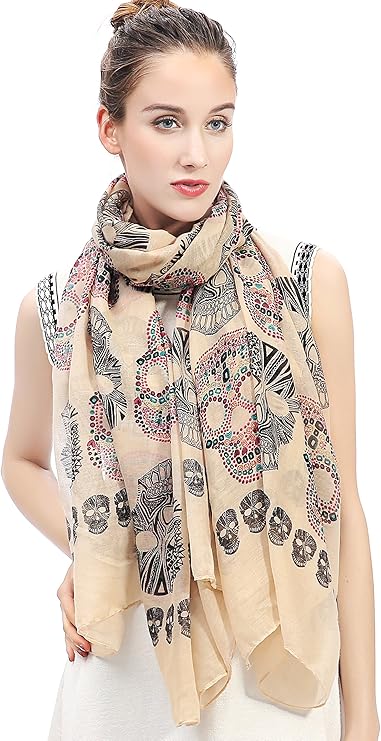 Lina & Lily Bufanda Mujer con Estampado de Cráneo Del Azúcar (Beige