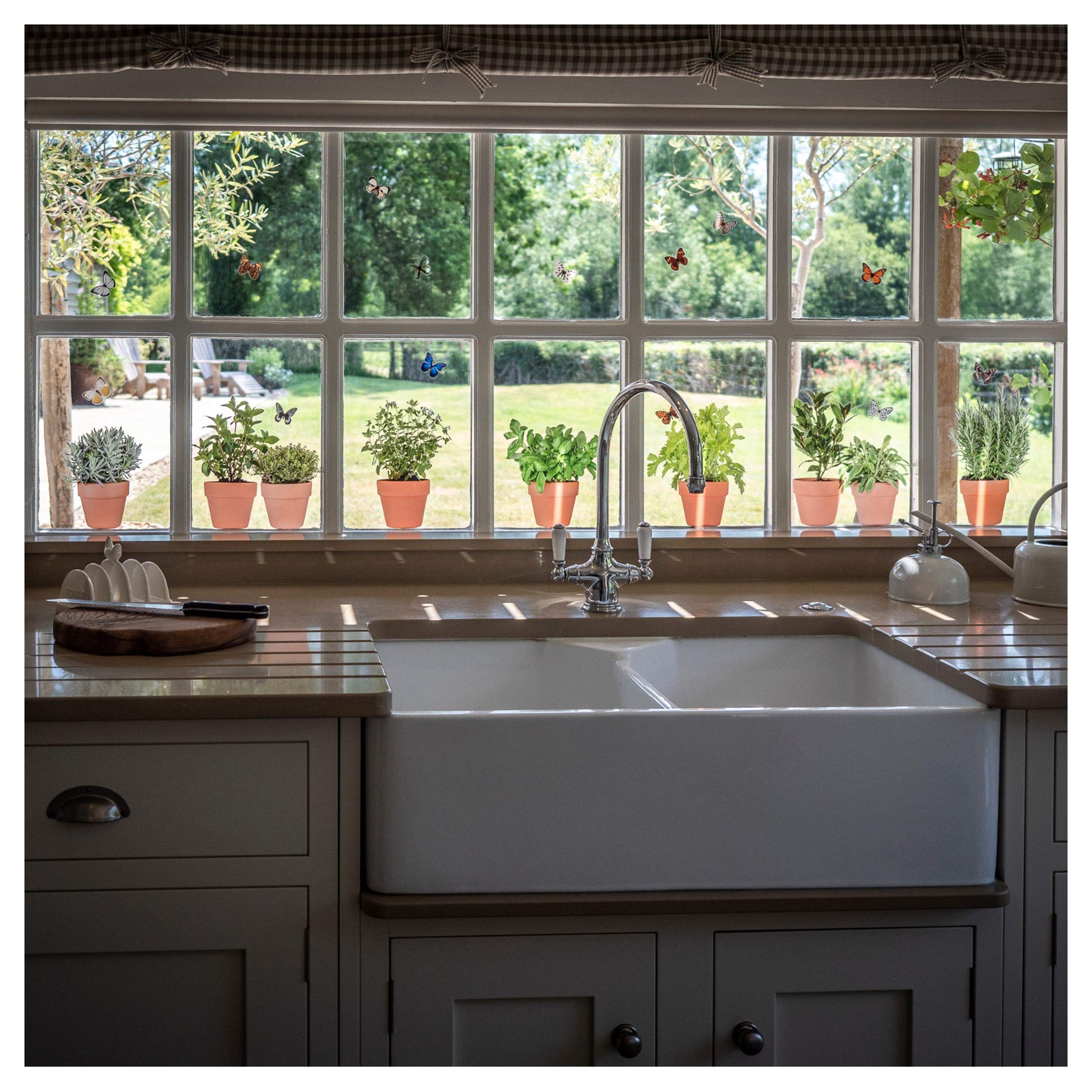 9 x Herb Plant Pot Window Stickers with 14 Butterfly Window Clings - Non Adhesive Double Sided Window Cling Decals for Glass