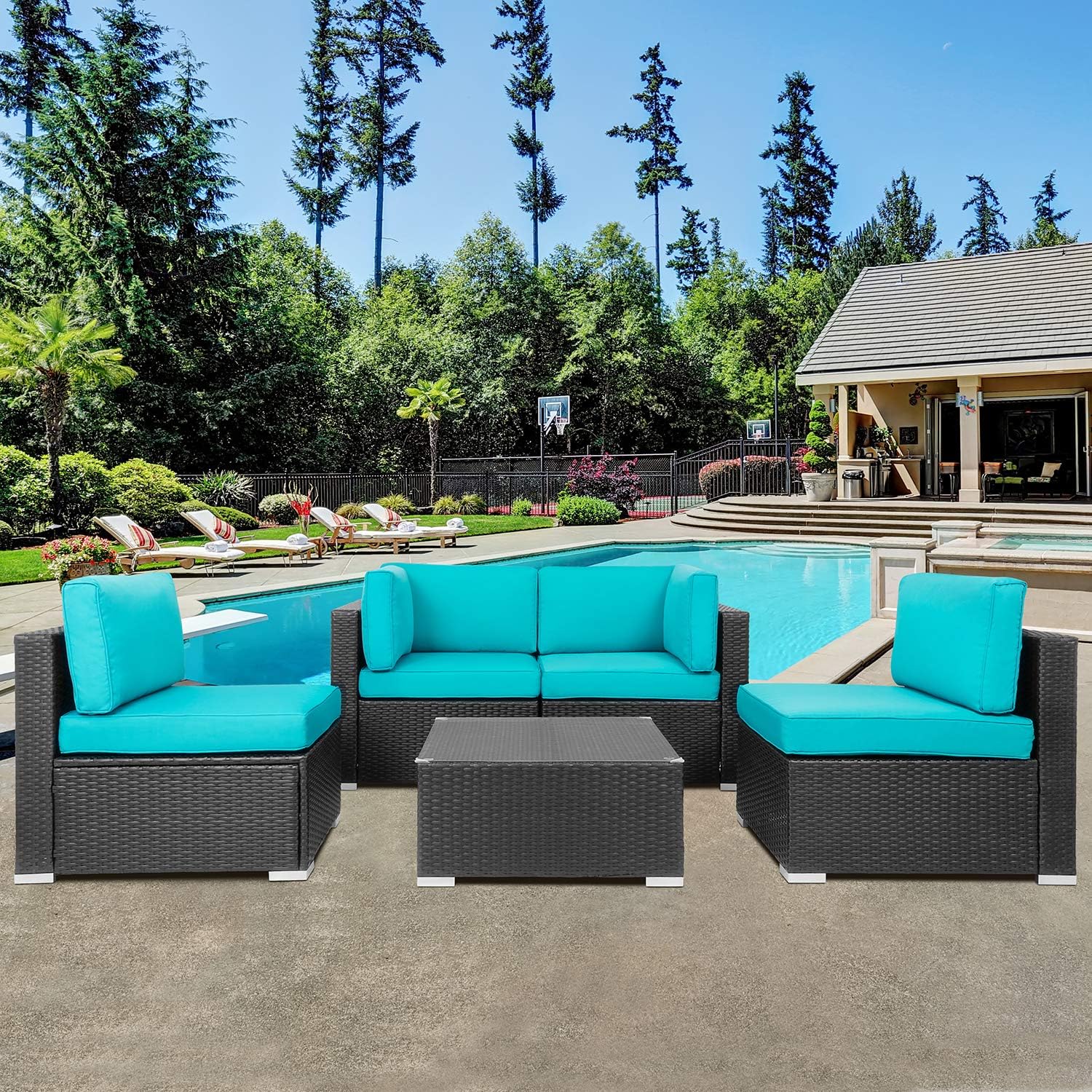 Amazon Com Shintenchi Wicker Rattan Outdoor Patio All Weather Furniture W Removable Cushions 5 Pieces Set Sofa Set Tea Table Blue Garden Outdoor