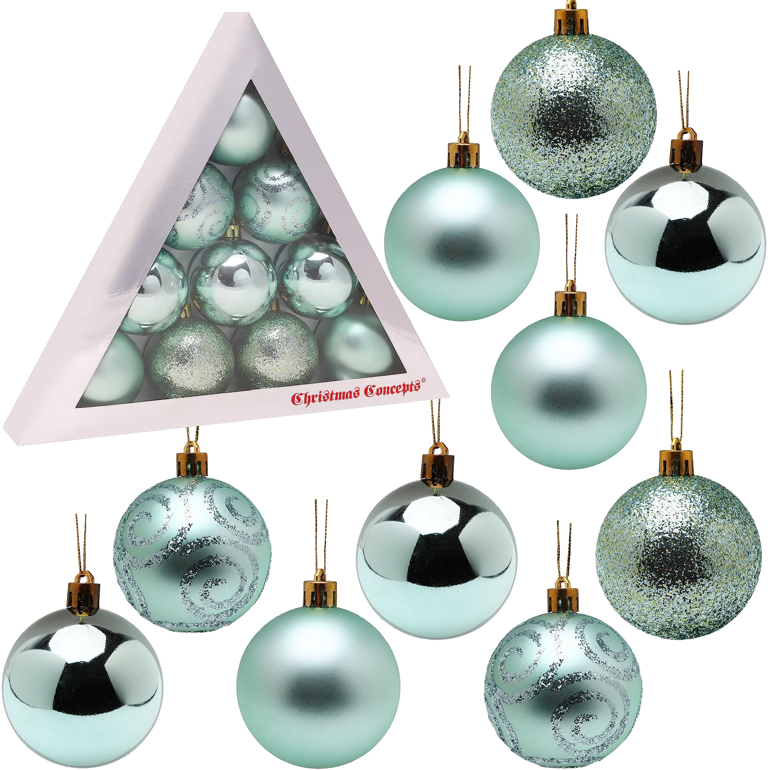 Christmas Concepts® Pack of 10-60mm (2.4") Christmas Tree Baubles - Shiny, Matte & Glitter Decorated Baubles (Mint Green)