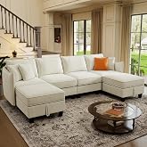 WorthFurni 112" Modular Sectional Sofa U Shape Couches with Storage Ottoman and Washable Cushion Cover for Living Room, Bedroom, Apartment(Beige)