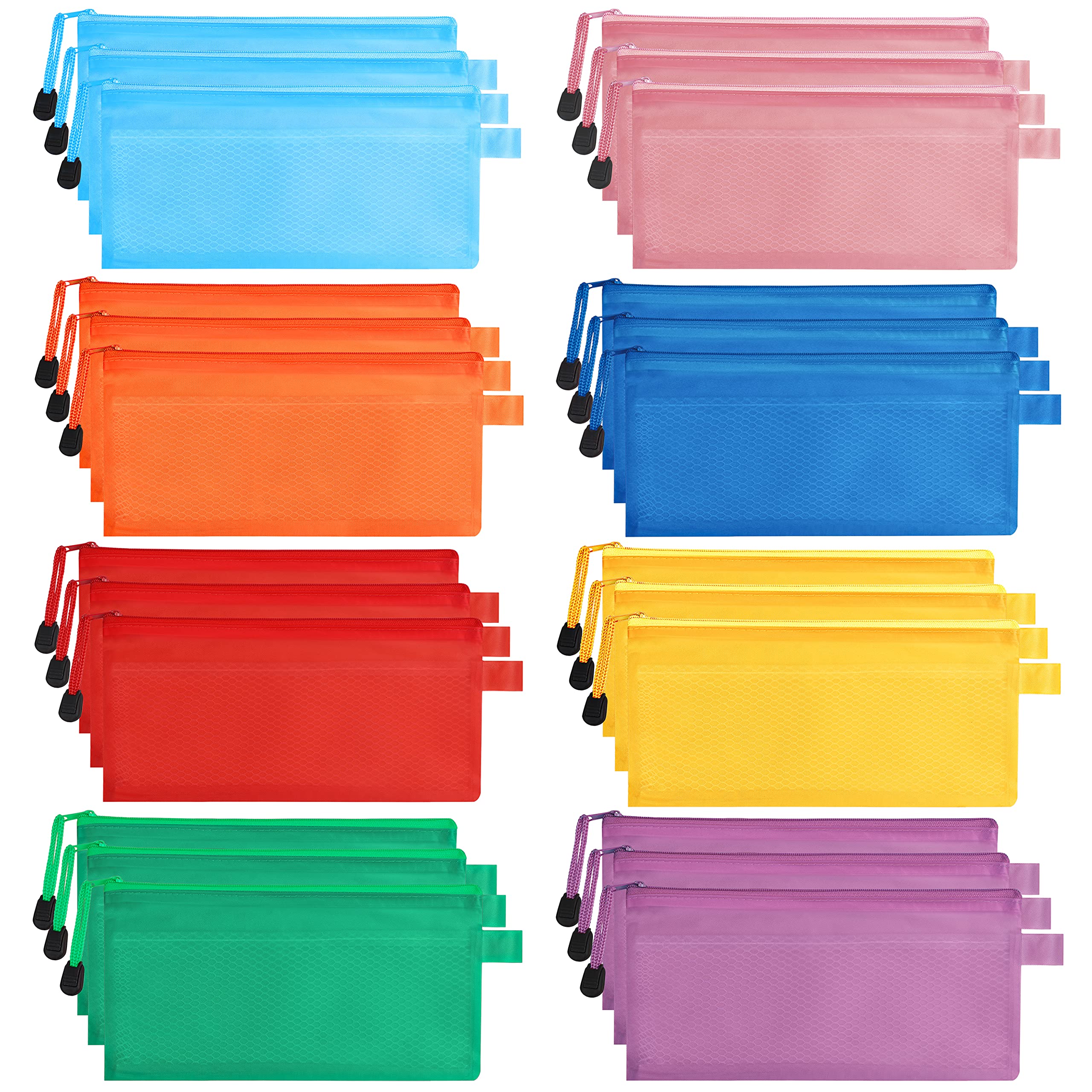 Belle Vous 24 Pack Mesh Zipper Pouch - 8 Colours Plastic Document File Bags/Folders - Waterproof Wallets for Travel Accessories, Cosmetics, School/Office, Pens/Pencils, or Bill Bag