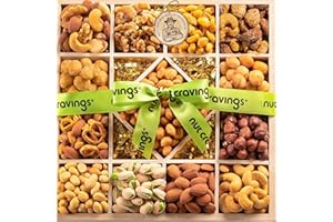 NUT CRAVINGS - Thanksgiving Mixed Nuts Gift Basket in Reusable Diamond Wooden Tray + Green Ribbon (13 Assortments) Holiday Xmas Christmas Food Arrangement Healthy Snack Care Package