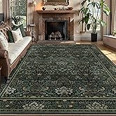 5x7 Floral Washable Area Rug for Living Room, Vintage Boho Large Rug for Bedroom Dining Room， Distressed Botanical Birds Non Slip Low Pile Forest Animal Throw Carpet for Farmhouse Office, Dark Green