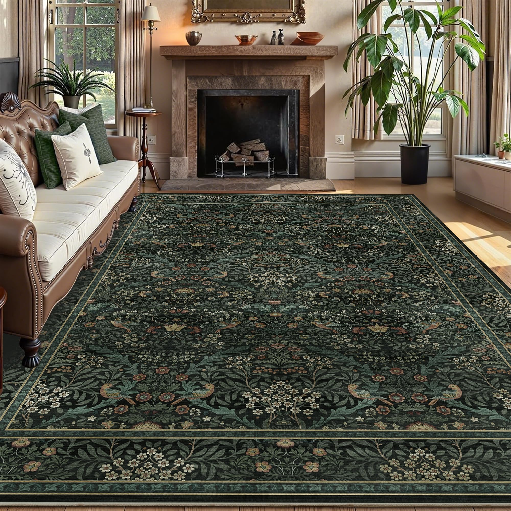Photo 1 of 5x7 Floral Washable Area Rug for Living Room, Vintage Boho Large Rug for Bedroom Dining Room? Distressed Botanical Birds Non Slip Low Pile Forest Animal Throw Carpet for Farmhouse Office, Dark Green