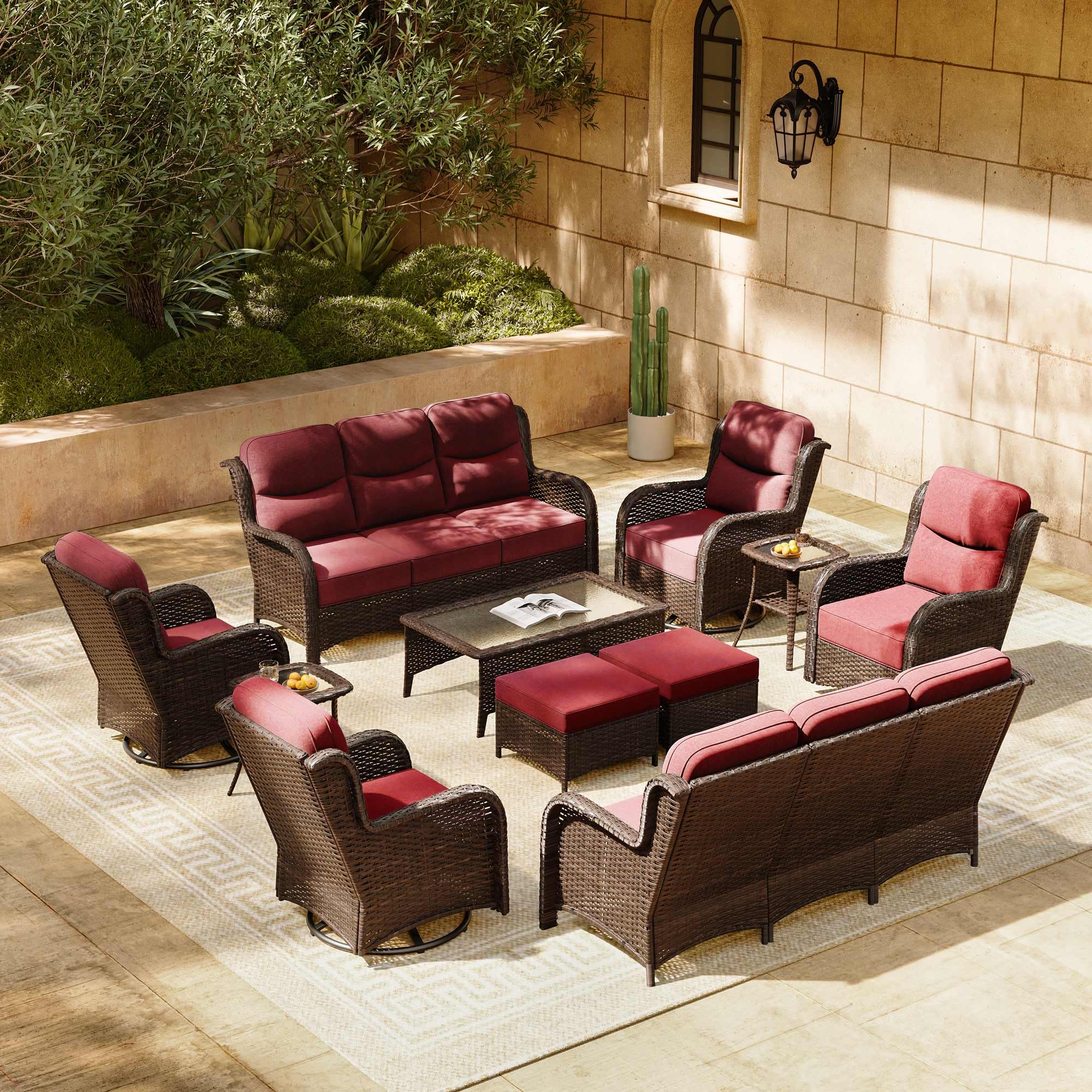 HILLGA 11-Piece Luxury Patio Furniture Set with 6" Thick Cushions, Weather-Resistant Wicker High Back Swivel Rocker Chairs, Senior-Friendly Outdoor Sofa Set for Large Deck and Poolside, Burgundy(V2)