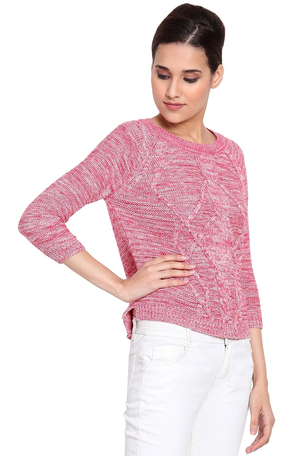 boxymoxy pink mix three-fourth sleeves cable sweater for girls & women
