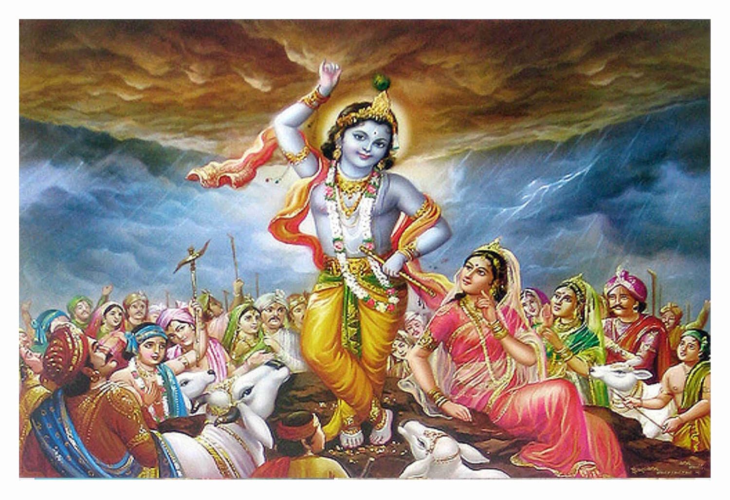 HK Prints Shri Krishna Lift Govardhan Parvat Religious Poster (300 GSM  Paper, 12x18inch, Multicolour): Amazon.in: Home & Kitchen
