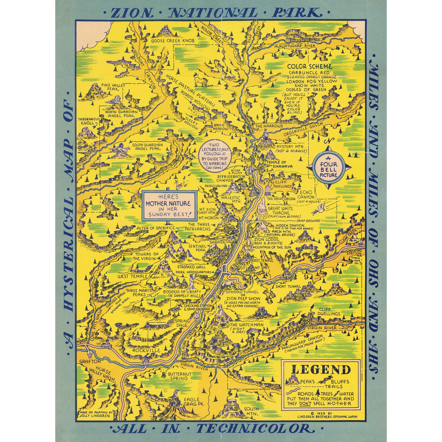 Artery8 Map Lindgren 1939 Zion National Park Large Wall Art Poster Print Thick Paper 18X24 Inch