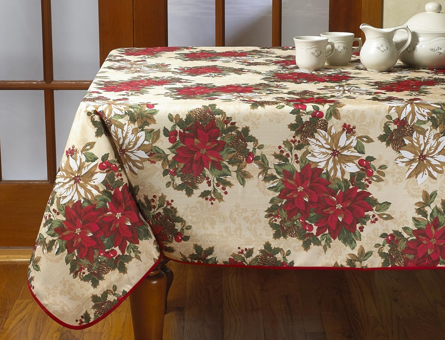 Violet Linen European Holiday Christmas Poinsettia Garden Design Printed Oblong/Rectangle Tablecloth, 60" x 102, Beige