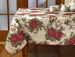 Violet Linen European Holiday Christmas Poinsettia Garden Design Printed Oblong/Rectangle Tablecloth, 60" x 102, Beige