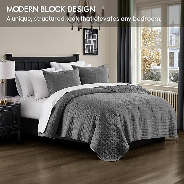 PALASSIO DARK GREY 100% COTTON QUILT KING SIZE BEDDING SETS WITH 2 PILLOW SHAMS, TEXTURED LIGHTWEIGHT SOFT BEDSPREAD SHABBY CHIC COVERLET, QUILTED COMFORTER BED COVER FOR ALL SEASON, 3 PIECES