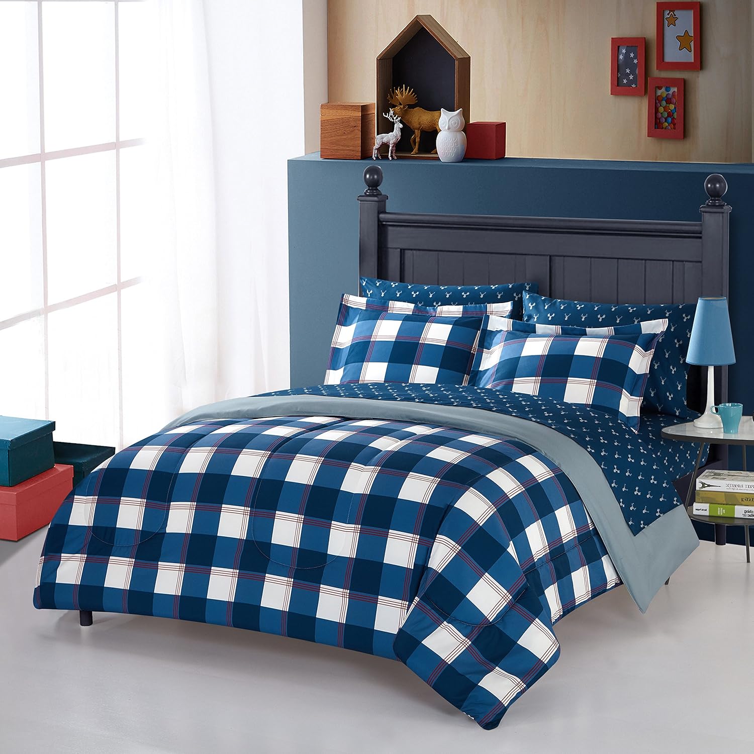 4 Piece Boys Blue Hunter Plaid Comforter Twin Xl Set Red Lodge