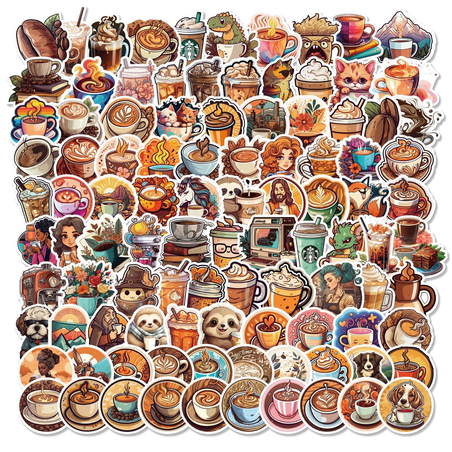 Cute Coffee Stickers, 100 Pcs Coffee Stickers for Water Bottles, Aesthetic Waterproof Cute Vsco Vinyl Stickers Caffe Style Laptop Stickers for Kids Girls Teens
