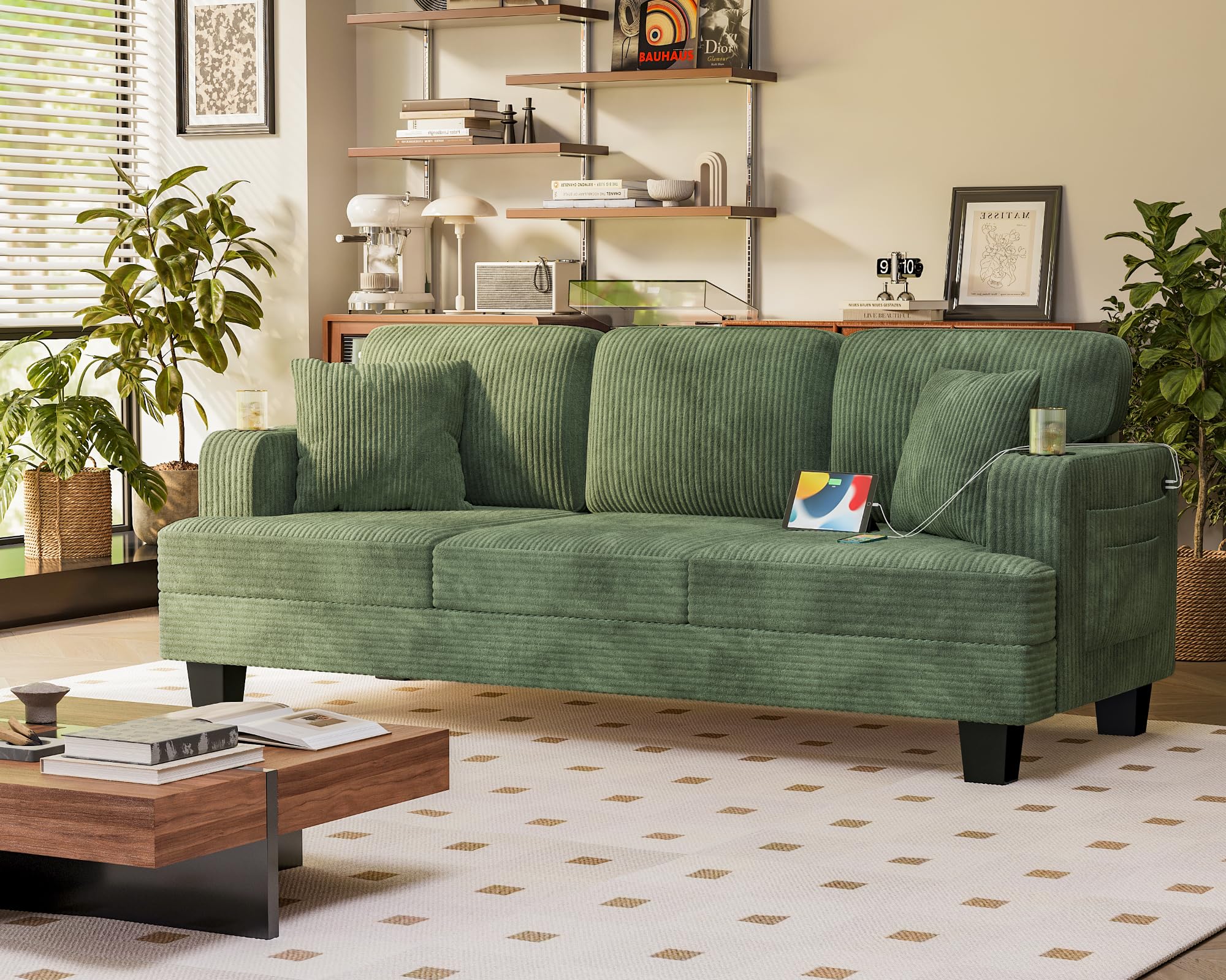 Photo 1 of (INCOMPLETE SET) Homall 83” Sofas for Living Room, Comfy Couch with USB and Type-C Port, 3 Seater Sofa with 2 Pillows and Cup Holders for Apartment, Small Space, Corduroy (Green)