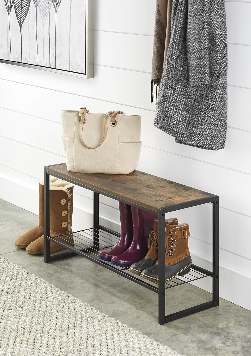 Whitmor Modern Industrial Entryway Bench w/Shoe Storage, Brown: Home & Kitchen