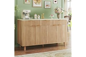 HUAHUU Fluted Buffet Cabinet with Storage, 55" Large Modern Accent Sideboard with Faux Marble Top and 3 Drawers, Storage Cabinet with 4 Doors & 2 Adjustable Shelves for Living Room, Kitchen, Natural