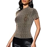 YYA Women's Turtle Neck Sparkly Tops Short Sleeve Shirt Slim Fit Shiny Blouse for Summer Casual & Night Out (S-XXL)