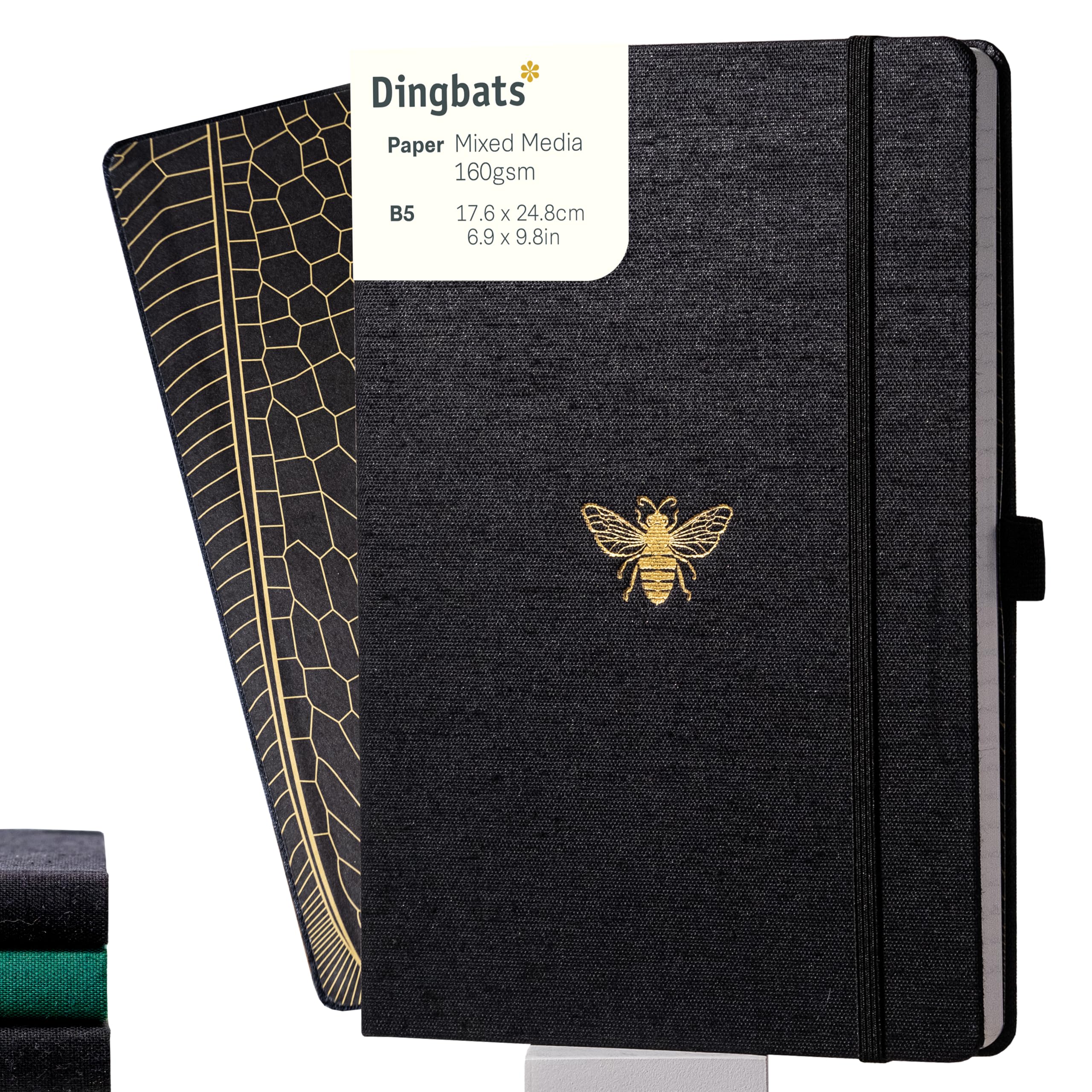 Dingbats* - Pro B5 Plain Large Notebook - Black Textile Cover, Thread-Bound Journal - for Work, Travel - Pocket, Elastic Closure, Pen Holder, Bookmark